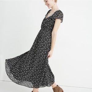 Madewell Print Mix Sheer Sleeve Midi Dress SZ 0 Black Branch Floral Cottagecore